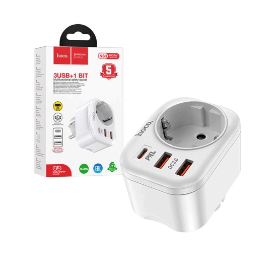 Adaptador de Soquete Multifuncional Hoco NS3 (EU/GER) com Duas Portas USB e Tipo C PD20W 18W Branco